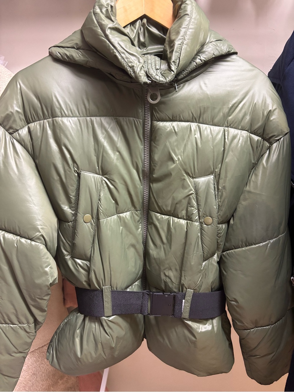 Zara Olive Green Quilted Puffer Jacket with Belted Waist